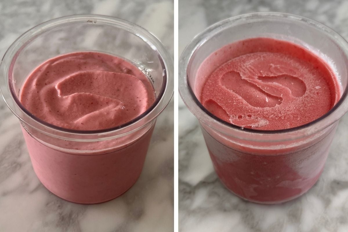 Strawberry frozen yogurt in Ninja Creami container
