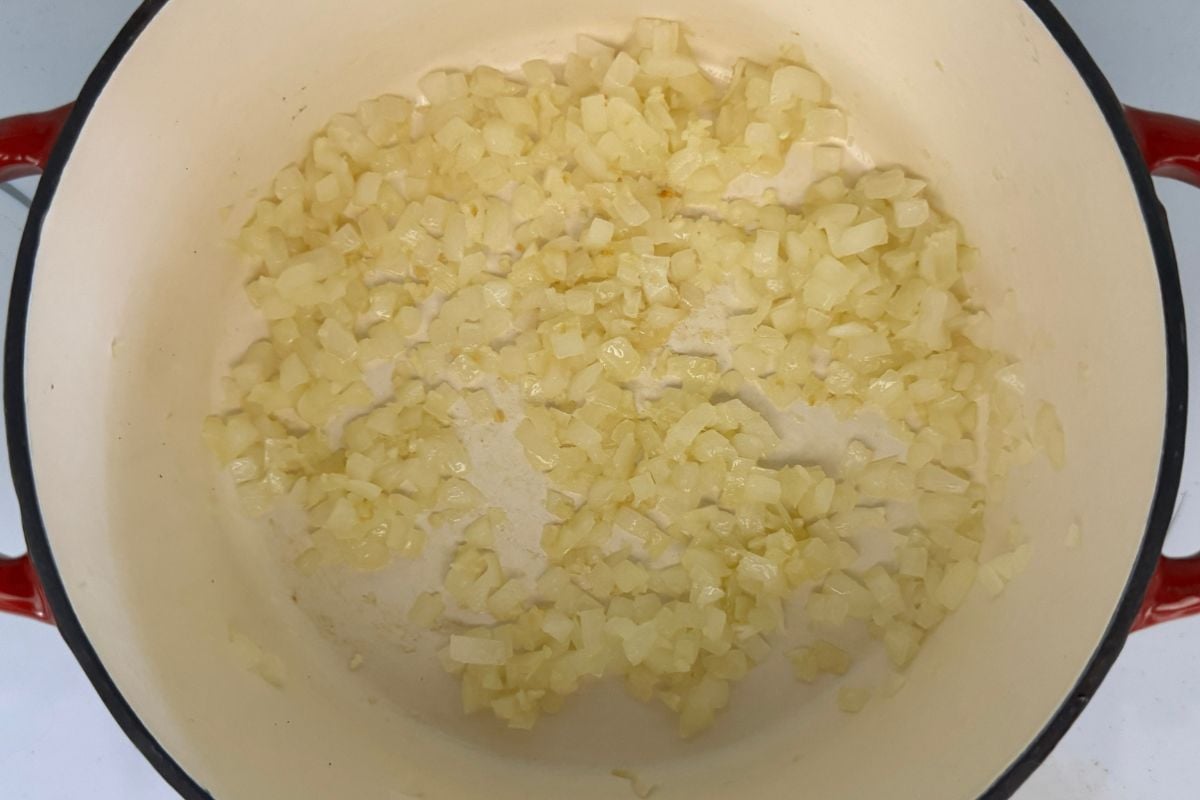 Cooked onions and garlic in a Dutch oven | Healthy Foodie Girl Cooked onions and garlic in a Dutch oven