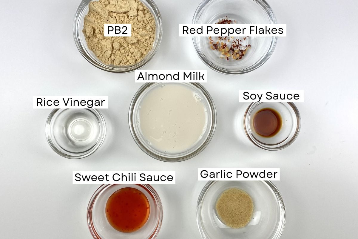 Ingredients for PB2 peanut sauce in bowls | Healthy Foodie Girl Ingredients for PB2 peanut sauce in bowls.