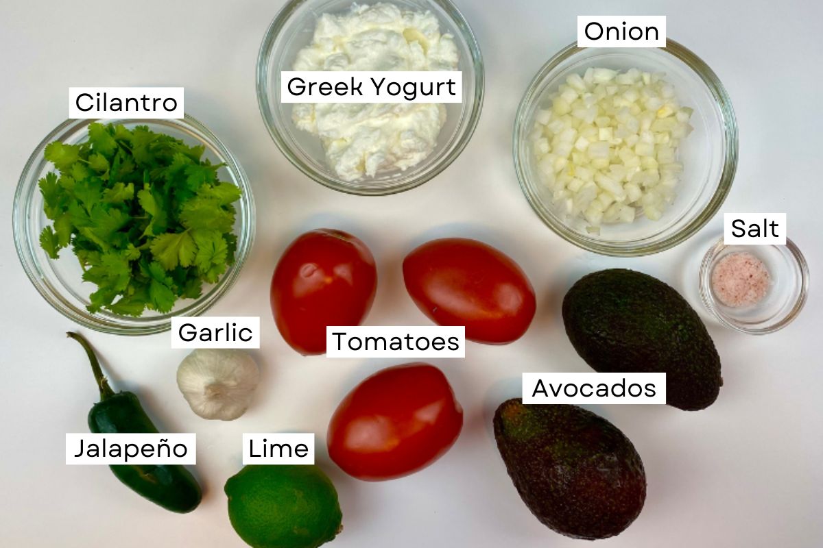 Ingredients for healthy guacamole recipe in bowls | Healthy Foodie Girl Ingredients for healthy guacamole recipe in bowls.