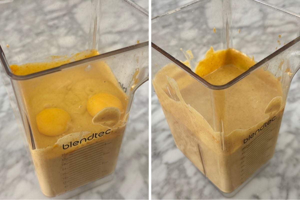 Pumpkin cheesecake filling in blender | Healthy Foodie Girl Pumpkin cheesecake filling in a blender.