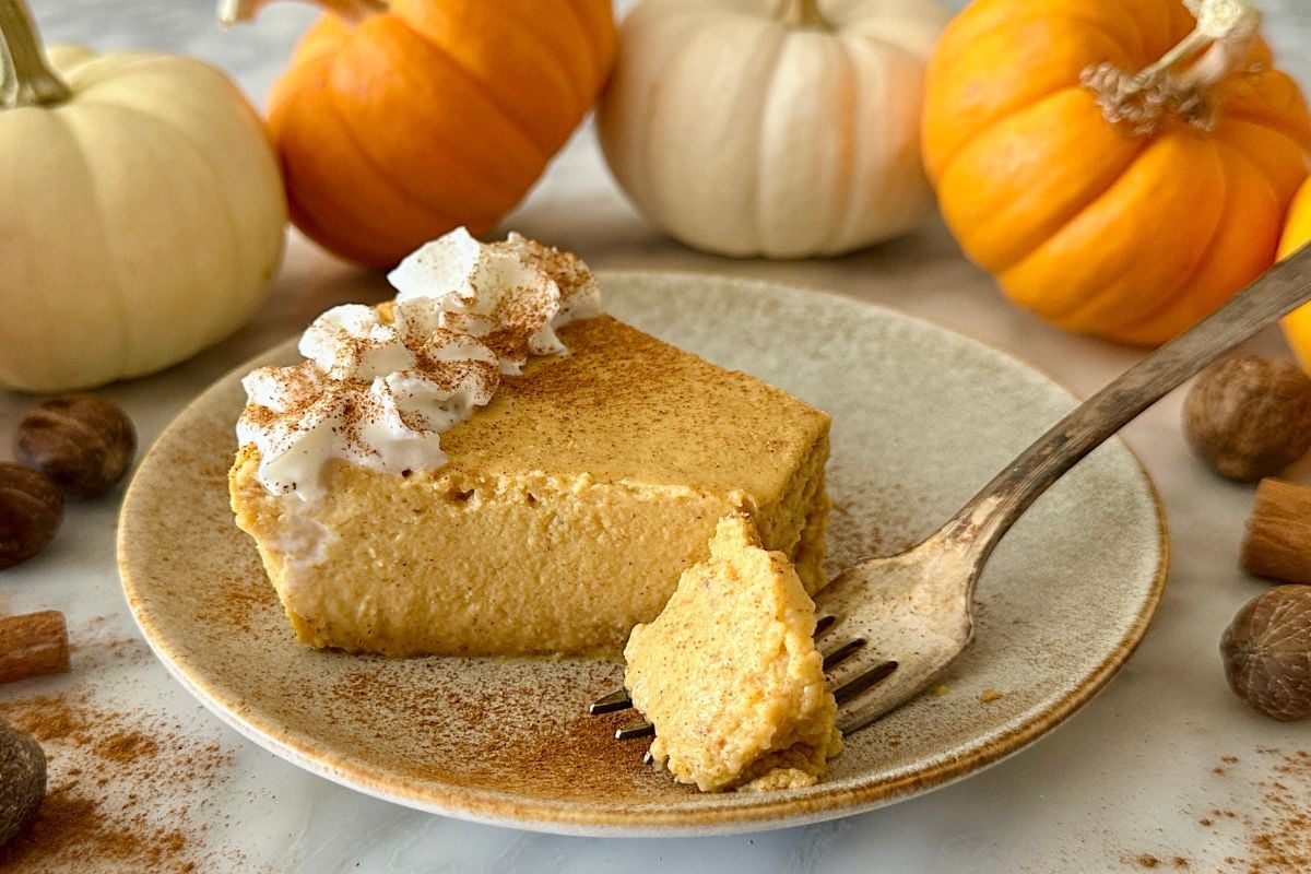 Sugar-Free Pumpkin Cheesecake with Cottage Cheese on a plate | Healthy Foodie Girl Sugar-Free Pumpkin Cheesecake with Cottage Cheese on a plate.