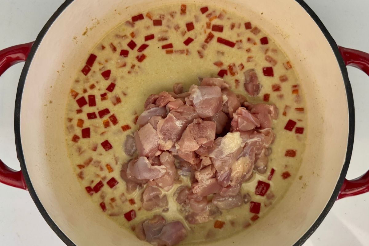 Chicken in Dutch oven for green curry chicken | Healthy Foodie Girl Chicken in Dutch oven for green curry chicken