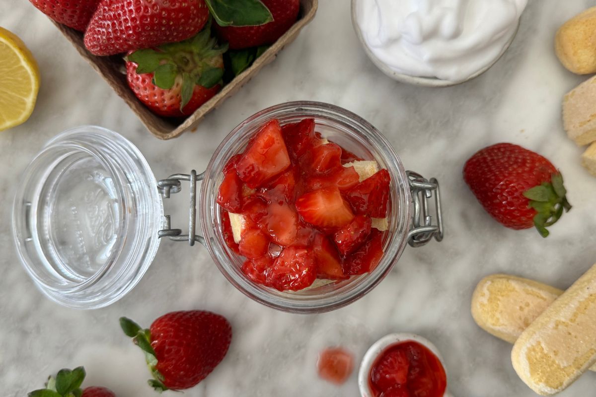Individual strawberry tiramisu jar assembled.