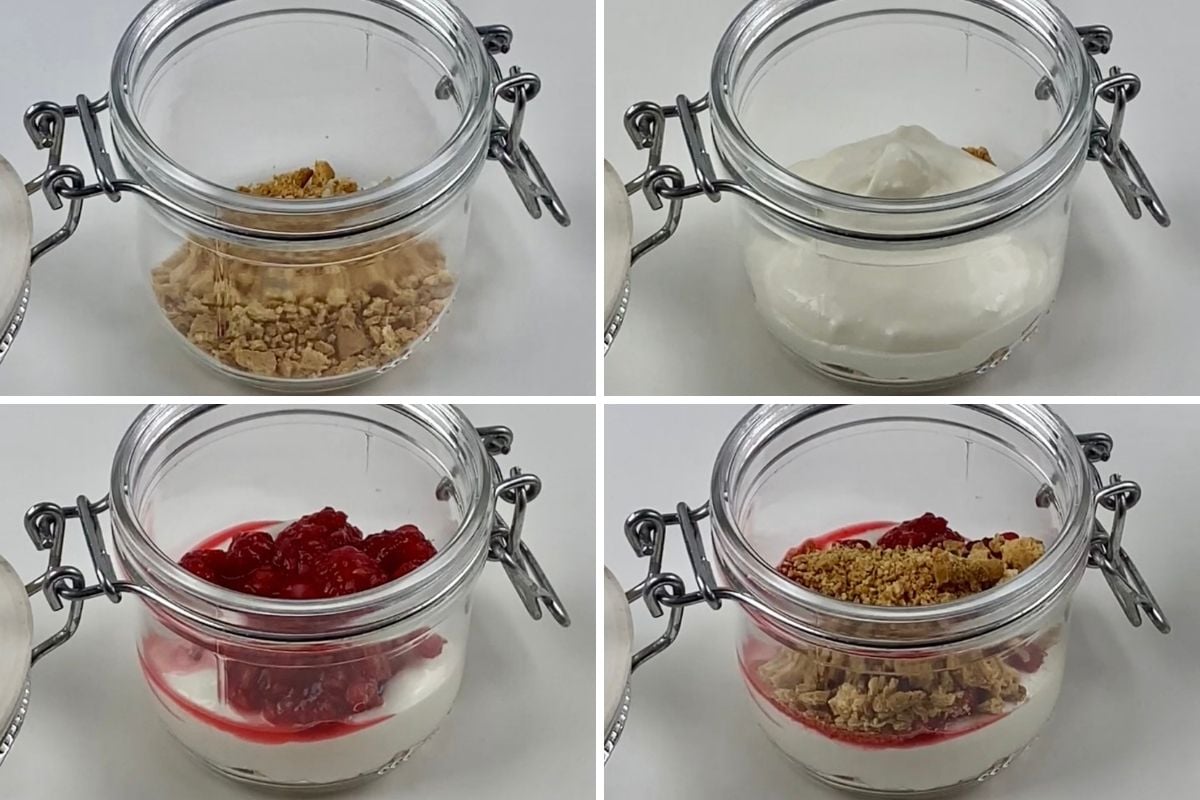 Assembled layers of no-bake cheesecake jars | Healthy Foodie Girl Assembled layers of no-bake cheesecake jars.
