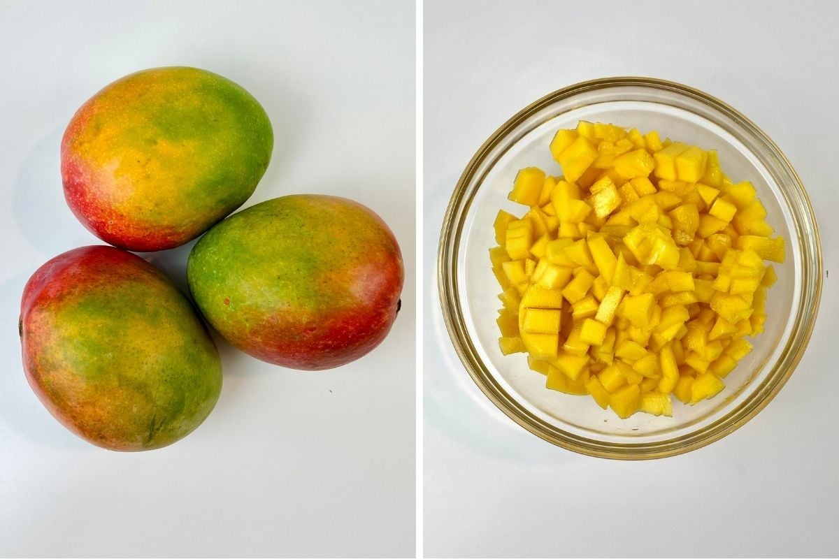 Fresh mangoes sliced for mango salsa | Healthy Foodie Girl Fresh mangoes sliced for mango salsa.