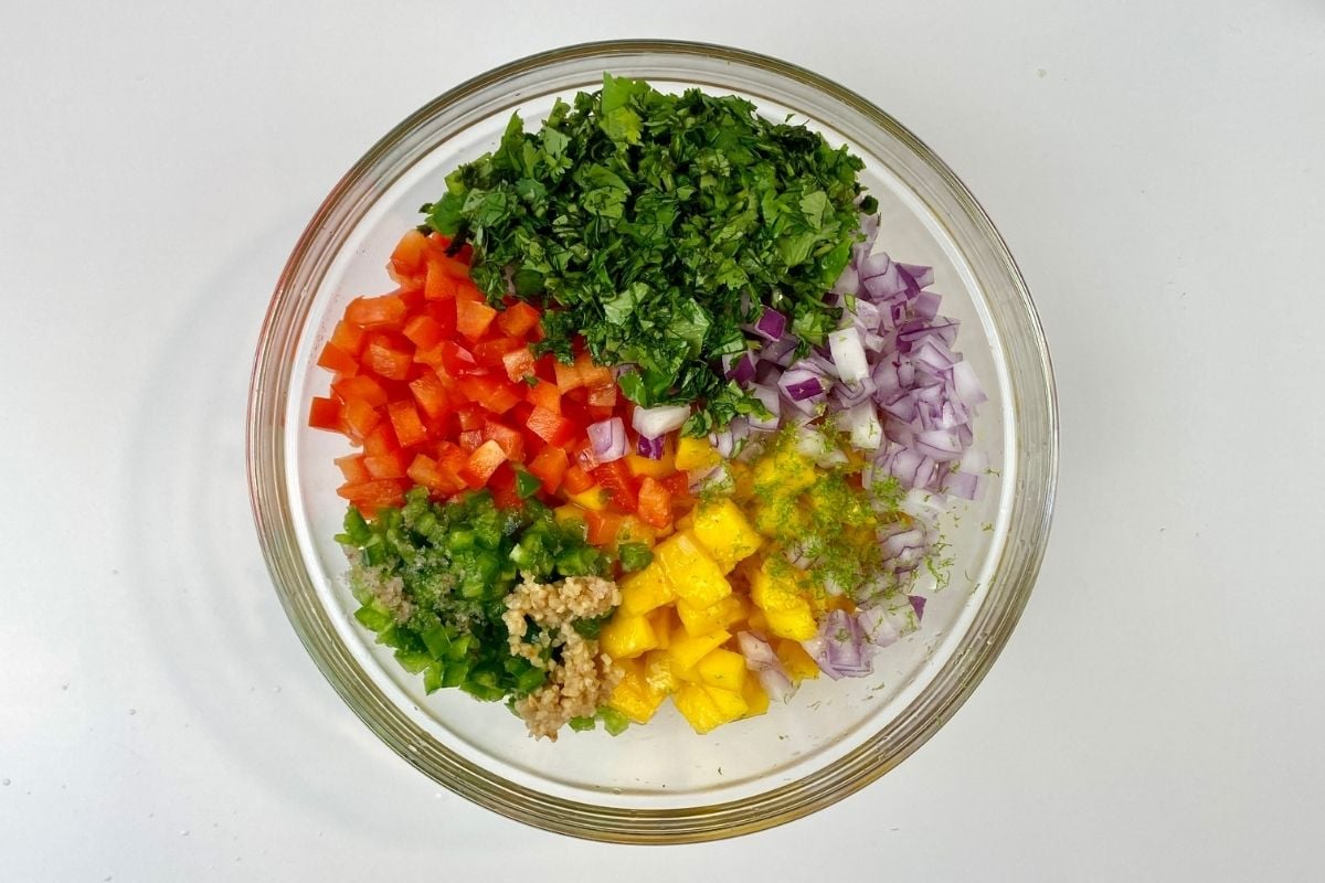 Ingredients for healthy mango salsa in a bowl | Healthy Foodie Girl Ingredients for healthy mango salsa in a bowl.