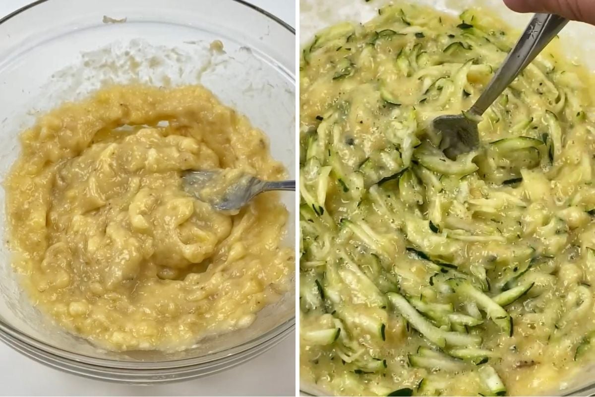 Grated zucchini in banana muffin batter mixture.
