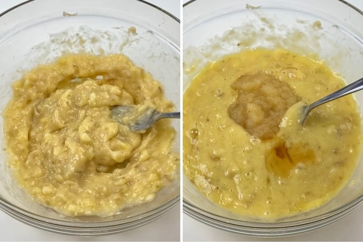 Whisked wet ingredients for zucchini banana muffins in bowl.
