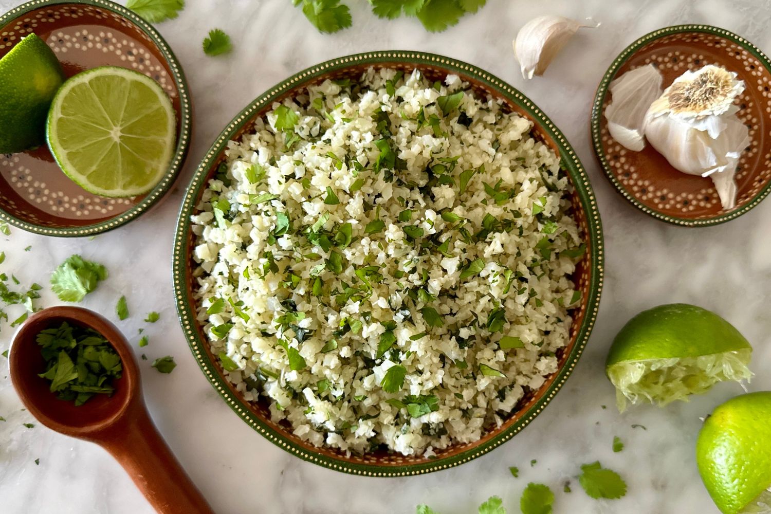 Overhead view of Cilantro Lime Cauliflower Rice.