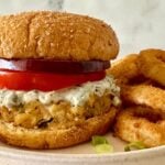 Tuna Burgers with canned tuna assembled on a plate.