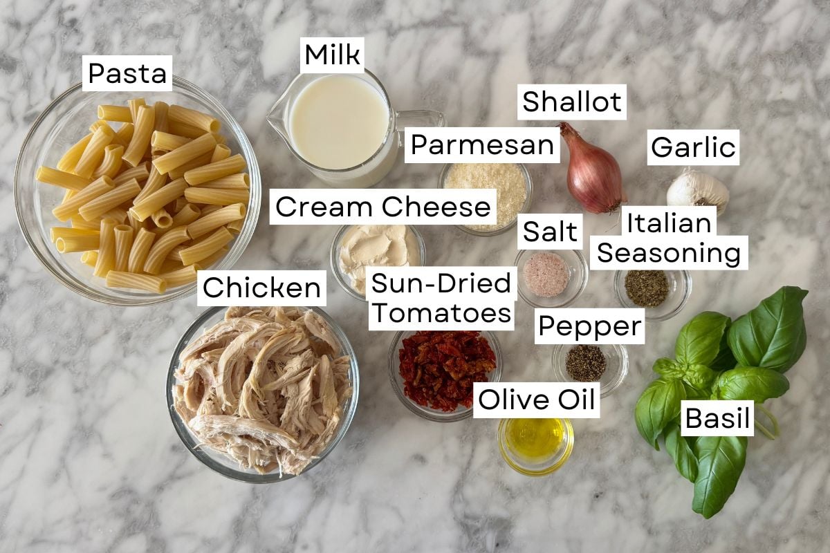 Ingredients needed for Marry Me Chicken Pasta in bowls.