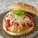 Chicken Parmesan Burgers on a plate.