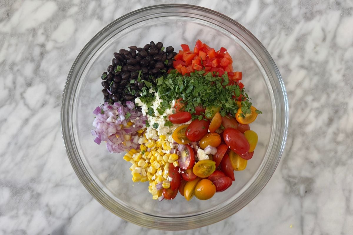 Corn salad ingredients in bowl | Healthy Foodie Girl Corn salad ingredients in bowl
