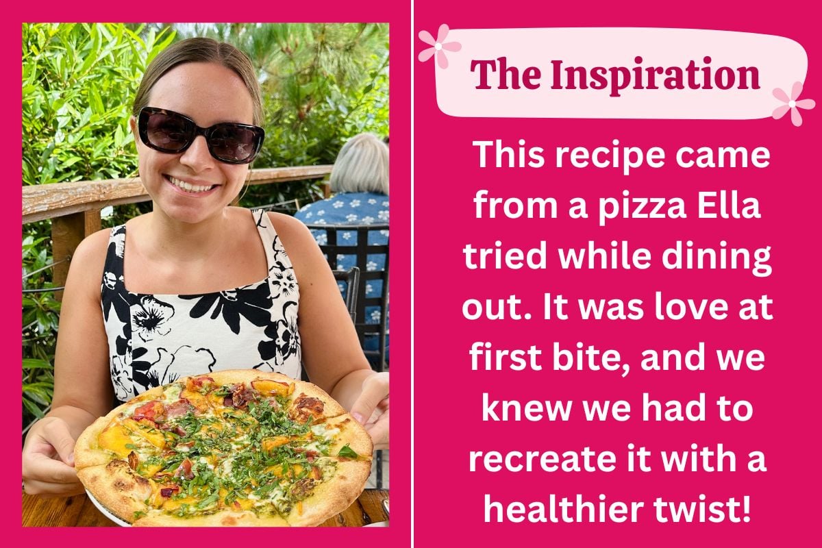 Ella eating the pesto peach prosciutto pizza | Healthy Foodie Girl Ella eating the pesto peach prosciutto pizza