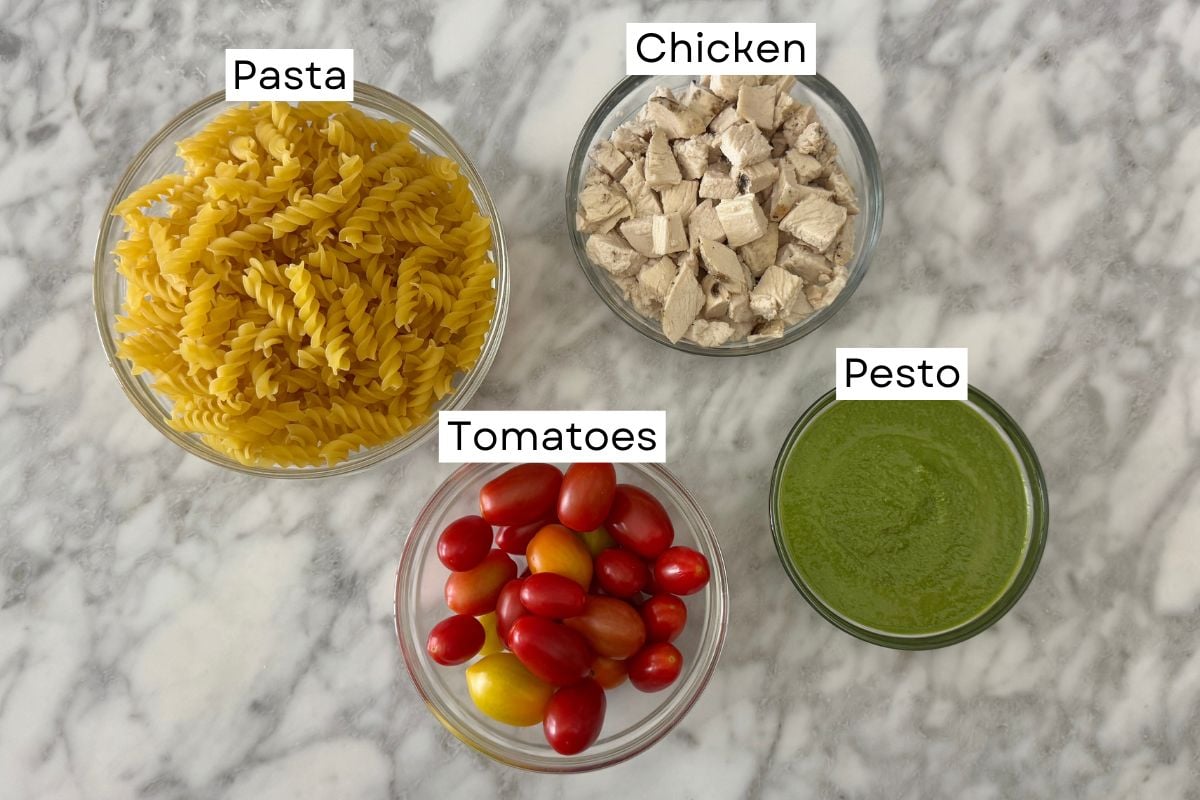 Ingredients needed for chicken pesto pasta salad | Healthy Foodie Girl Ingredients needed for chicken pesto pasta salad