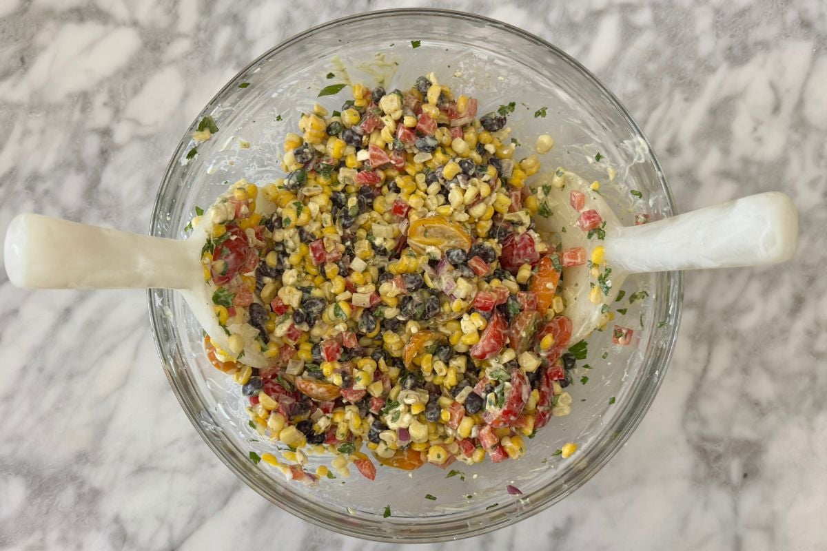 Mixed summer corn salad in bowl | Healthy Foodie Girl Mixed summer corn salad in bowl