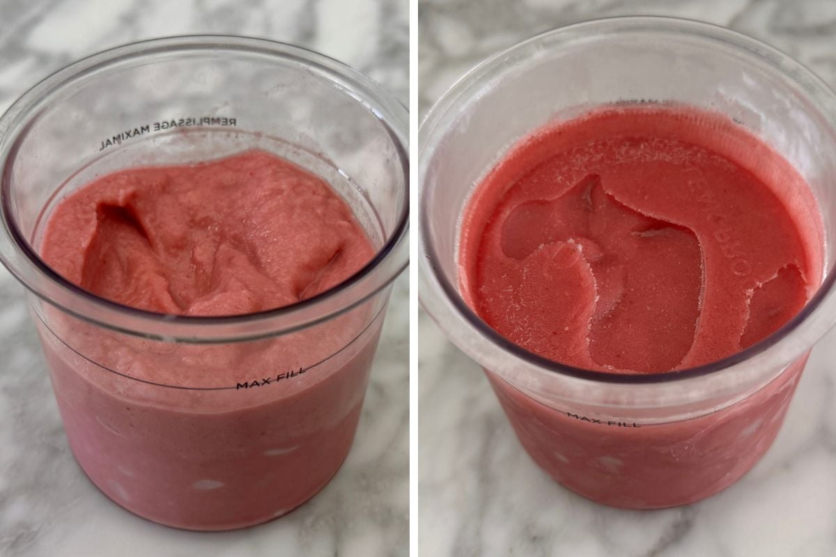 Strawberry dole whip in Ninja Creami | Healthy Foodie Girl Strawberry dole whip in Ninja Creami pint container