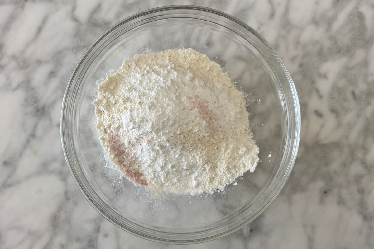 Self rising flour in bowl for jalapeño cheddar bagels | Healthy Foodie Girl Self rising flour in bowl for jalapeño cheddar bagels