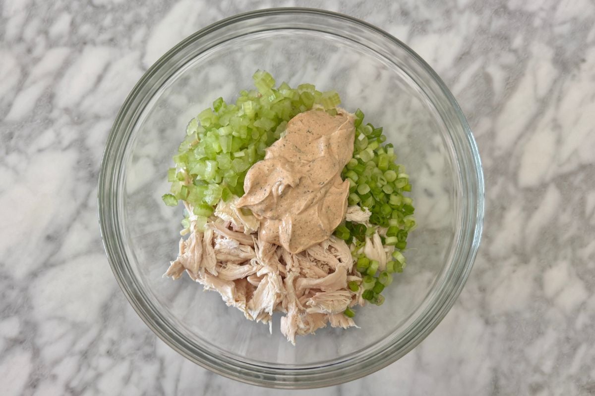Buffalo chicken salad with cottage cheese in bowl