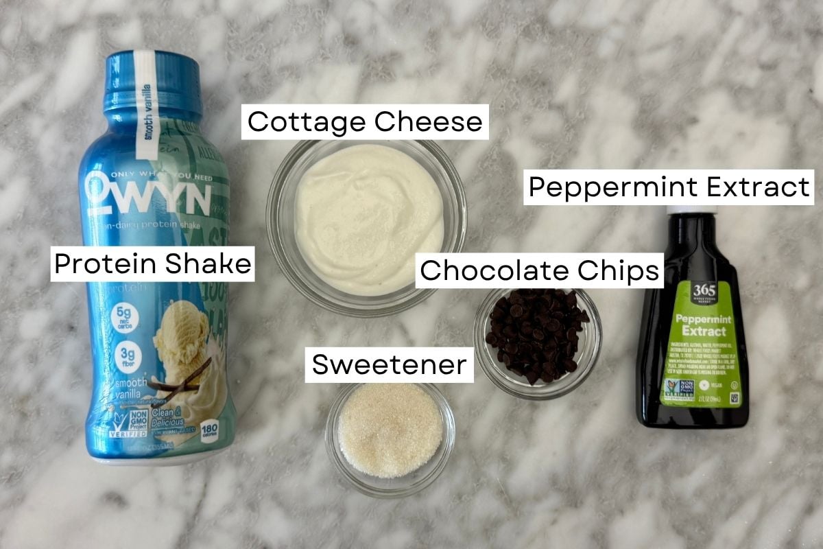 Ingredients for Ninja Creami mint chocolate chip protein ice cream