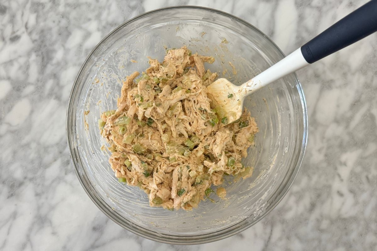 Mixed cottage cheese buffalo chicken salad in large bowl