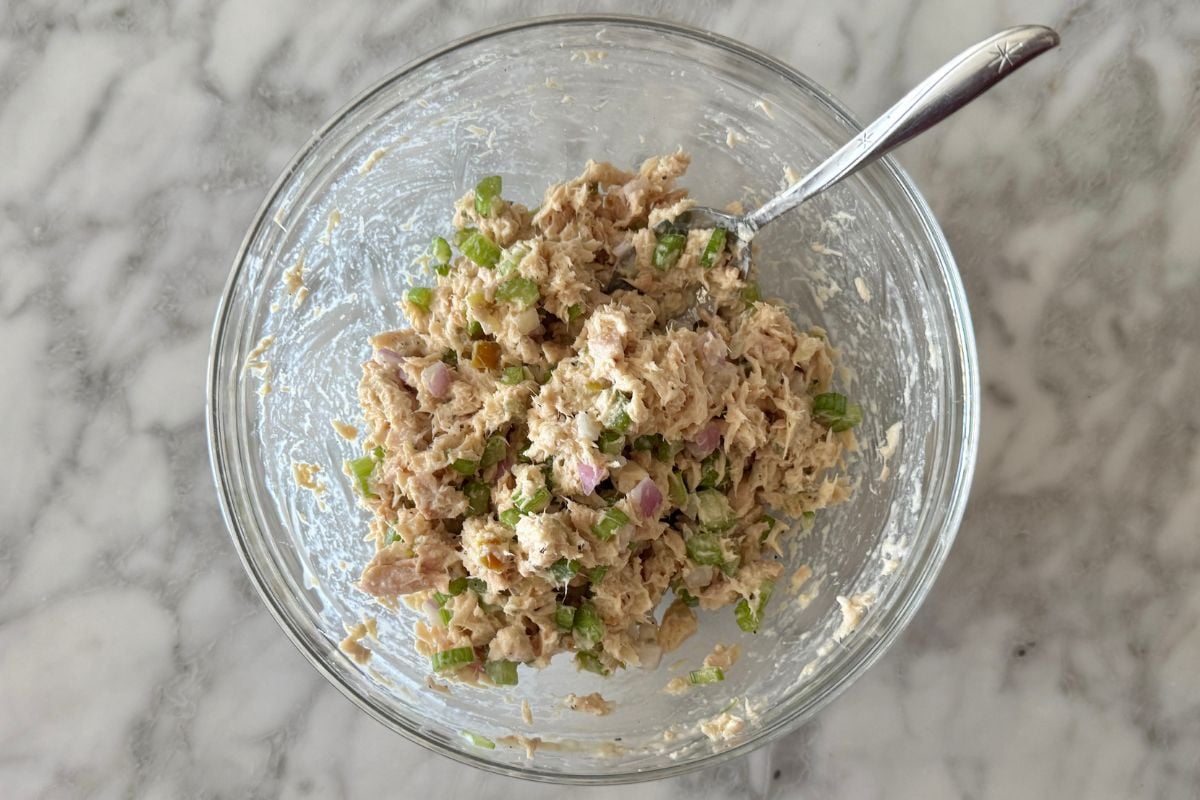 Mixed cottage cheese tuna salad in bowl