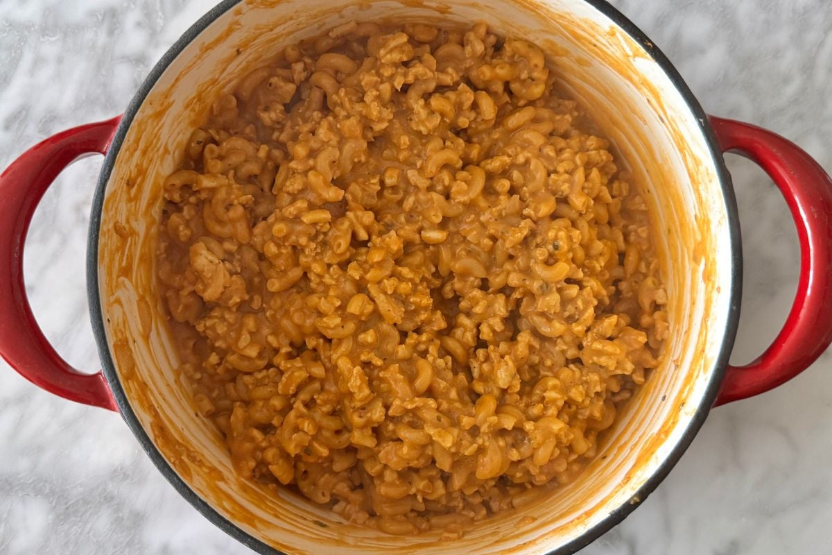 Mixed homemade healthy Hamburger Helper in a pot