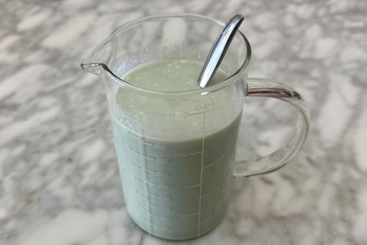 Mixed mint chocolate chip protein ice cream mixture in container