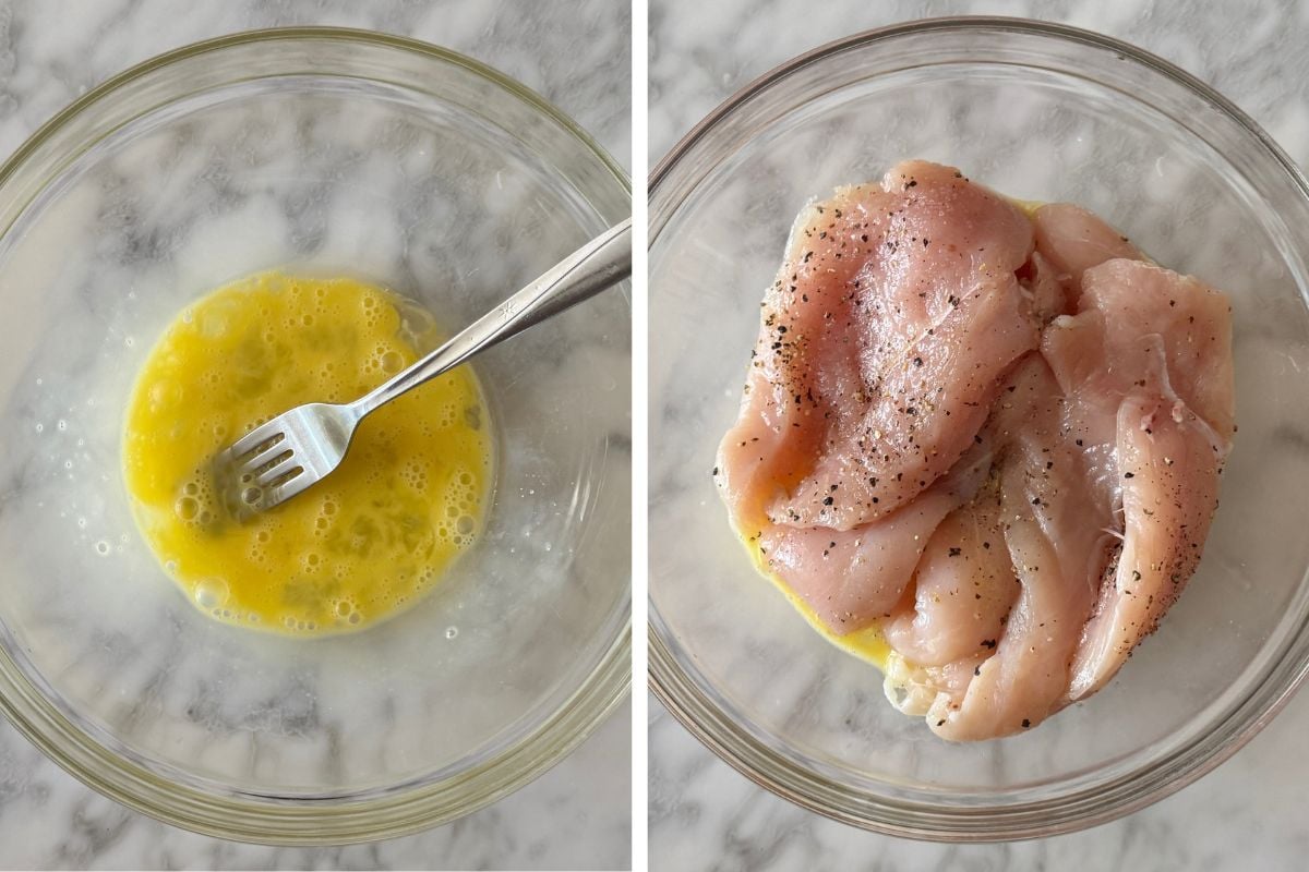 Chicken cutlets coated in whisked eggs