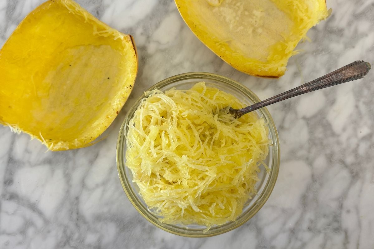 Spaghetti squash strands in a bowl