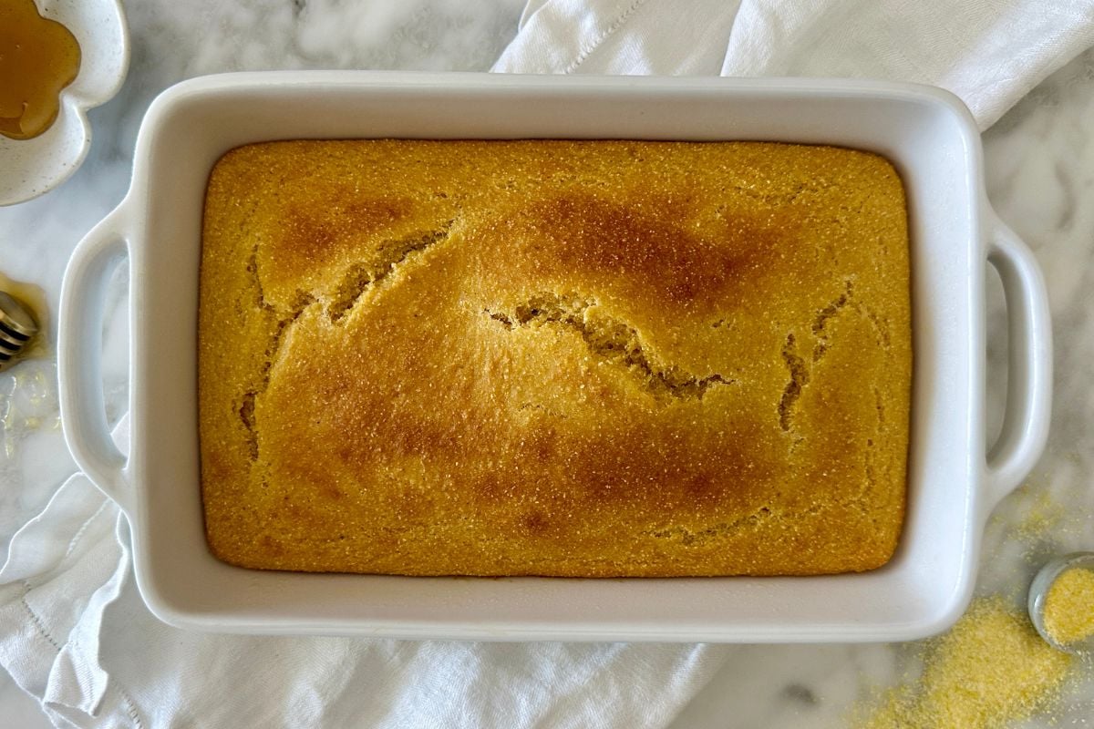 Baked healthy cornbread in loaf pan