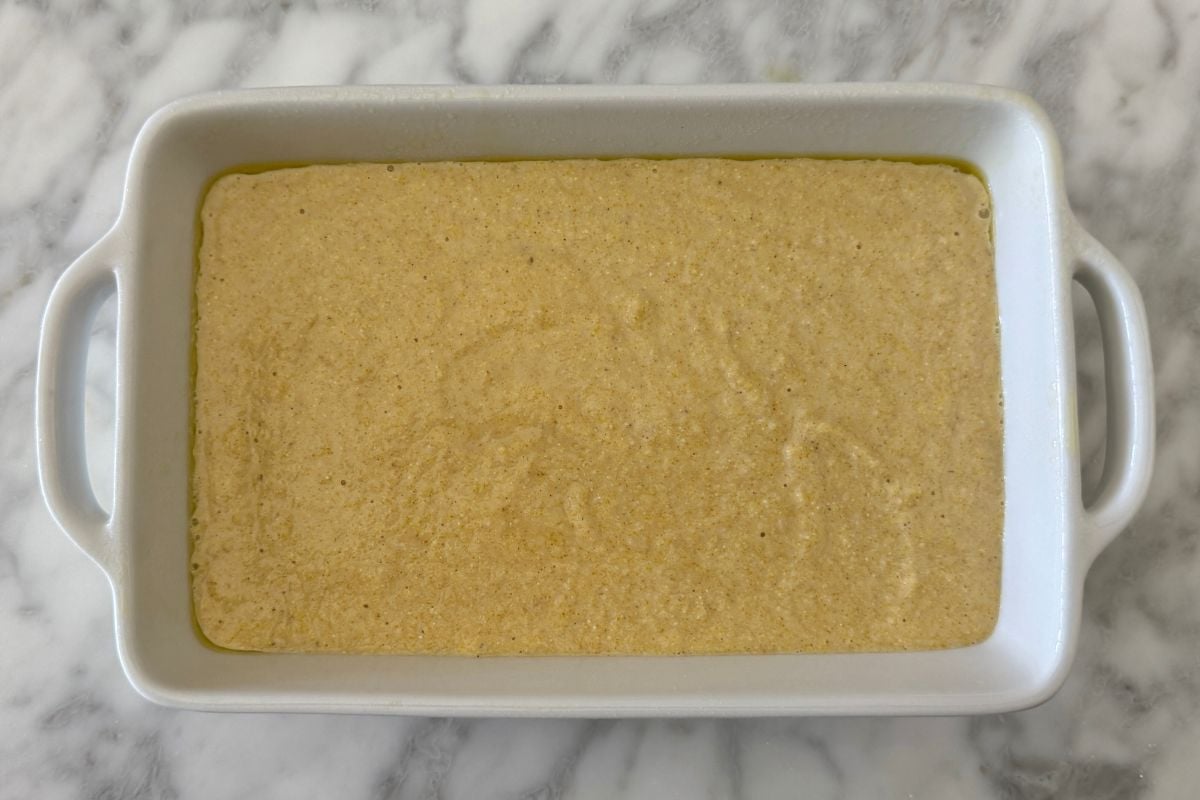 Cornbread batter in loaf pan