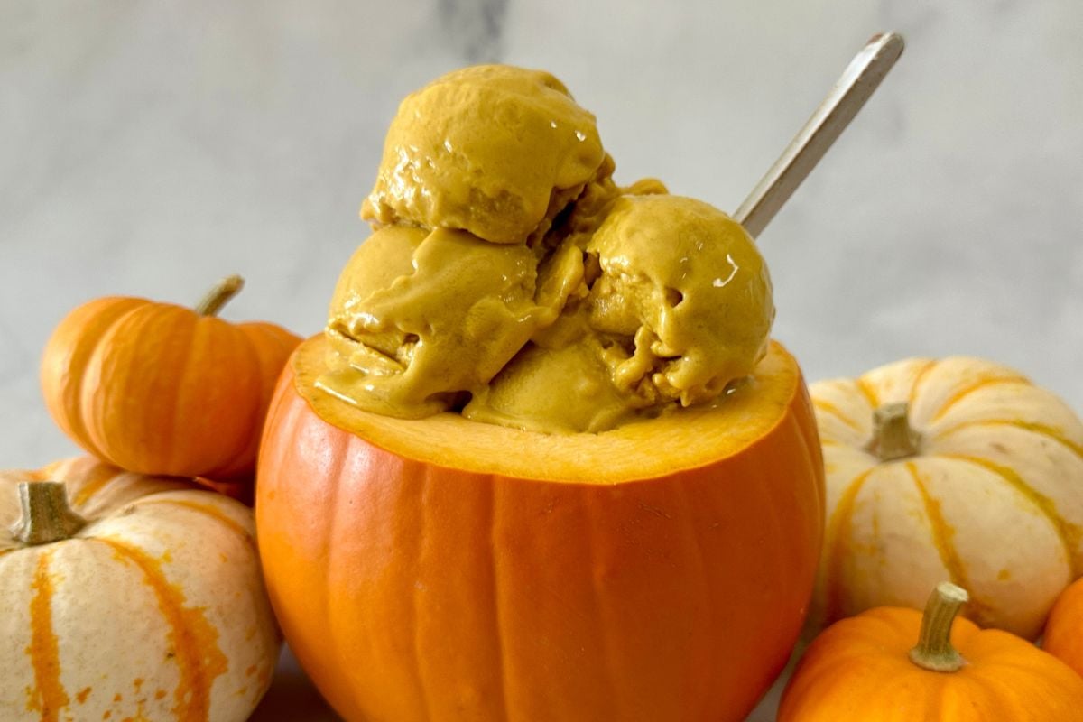 Healthy Ninja Creami Pumpkin Protein Ice Cream in a bowl with fall spices