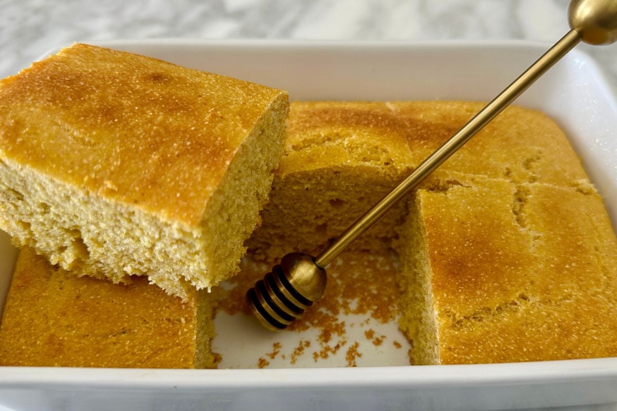 Healthy cornbread sliced in pan