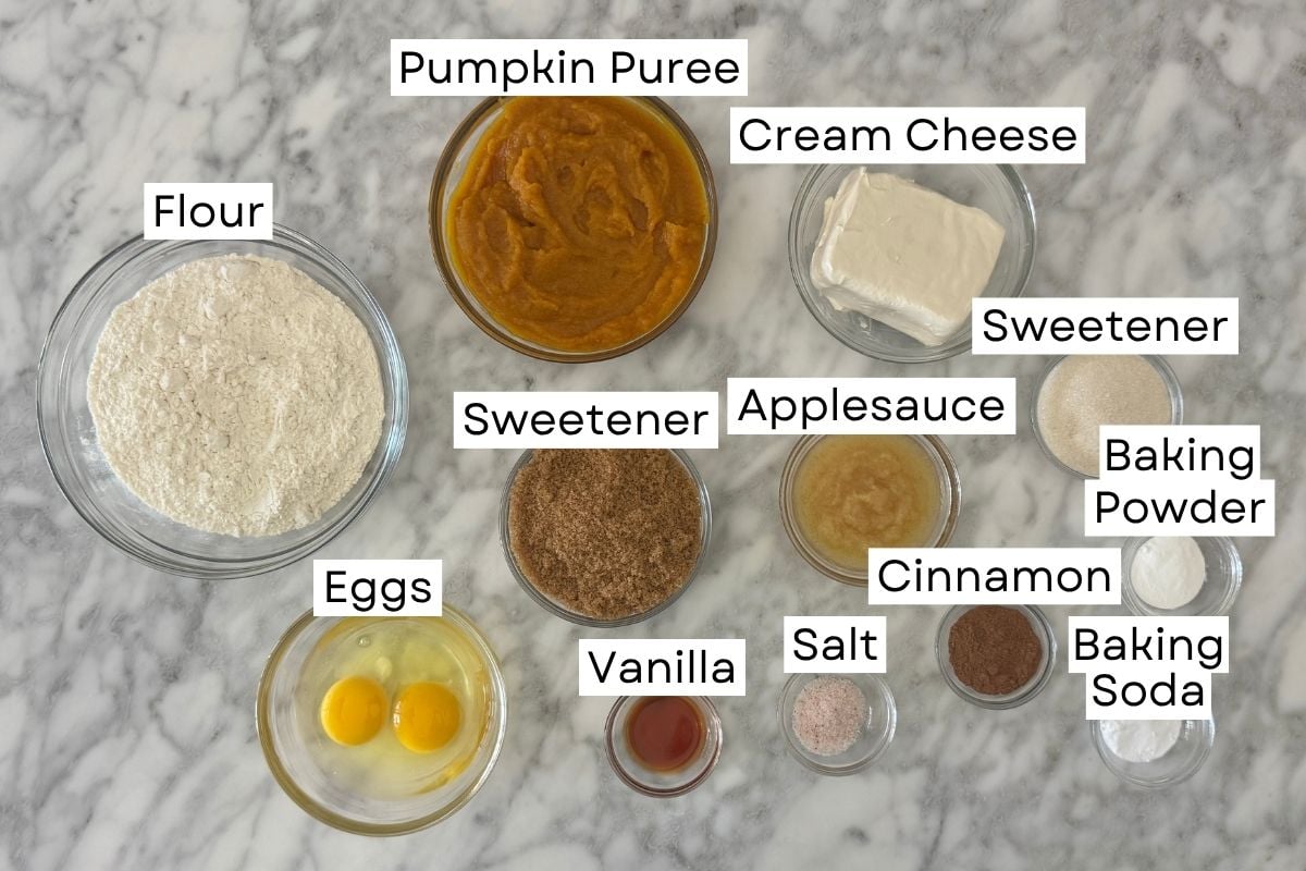 Ingredients for healthy pumpkin cream cheese muffins