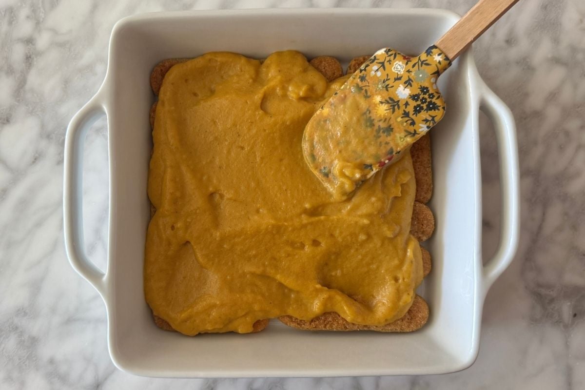 Pumpkin filling in baking dish for tiramisu