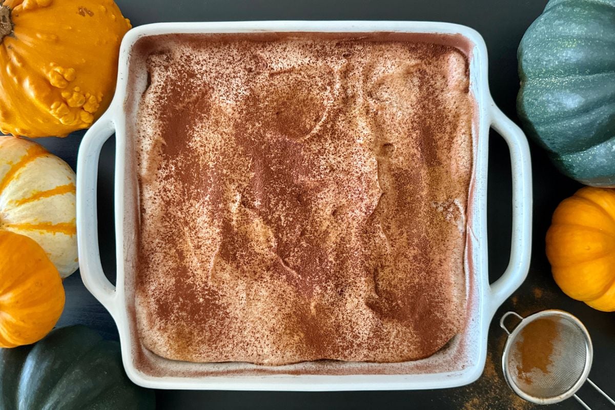 Pumpkin tiramisu dusted with cocoa powder