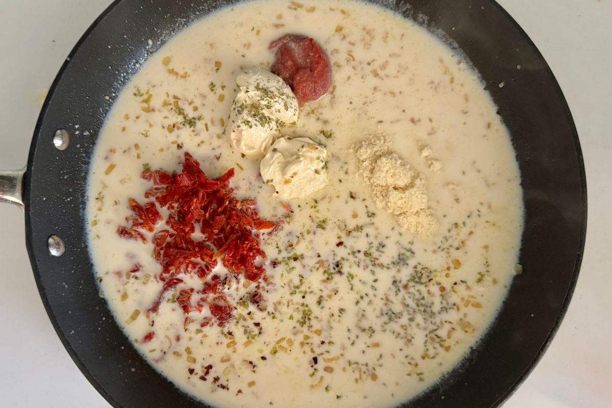 Sauce ingredients for Marry Me Chicken in skillet | Healthy Foodie Girl Sauce ingredients for Marry Me Chicken in skillet