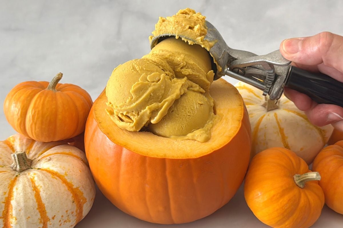 Scooped pumpkin spice protein ice cream in a pumpkin