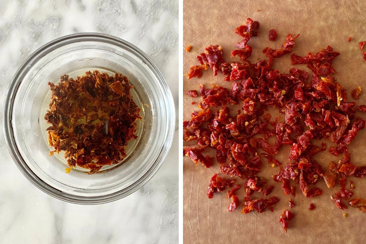 Soaked chopped sun-dried tomatoes in bowl | Healthy Foodie Girl Soaked chopped sun-dried tomatoes in bowl