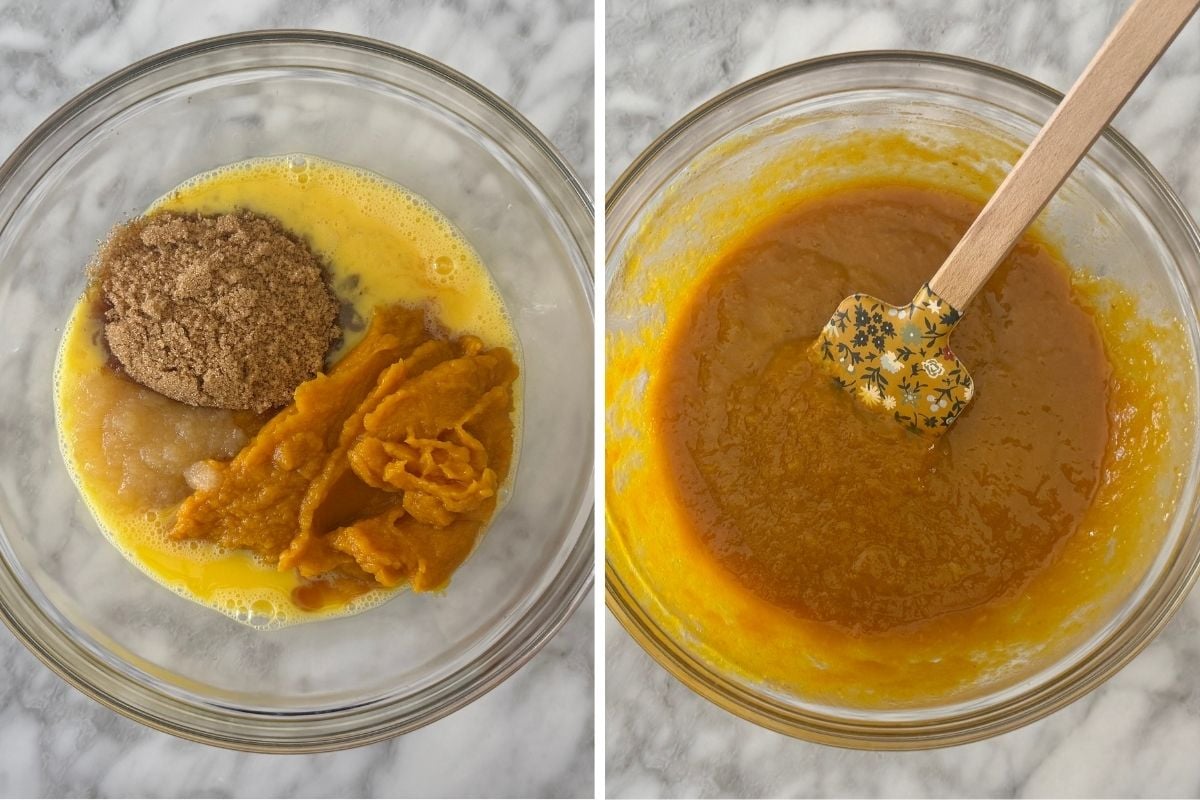 Wet ingredients in a bowl for pumpkin cream cheese muffins
