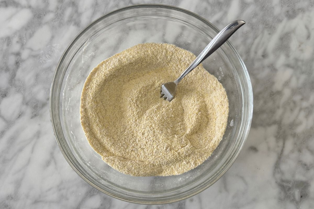 Whisked dry ingredients in bowl for cornbread