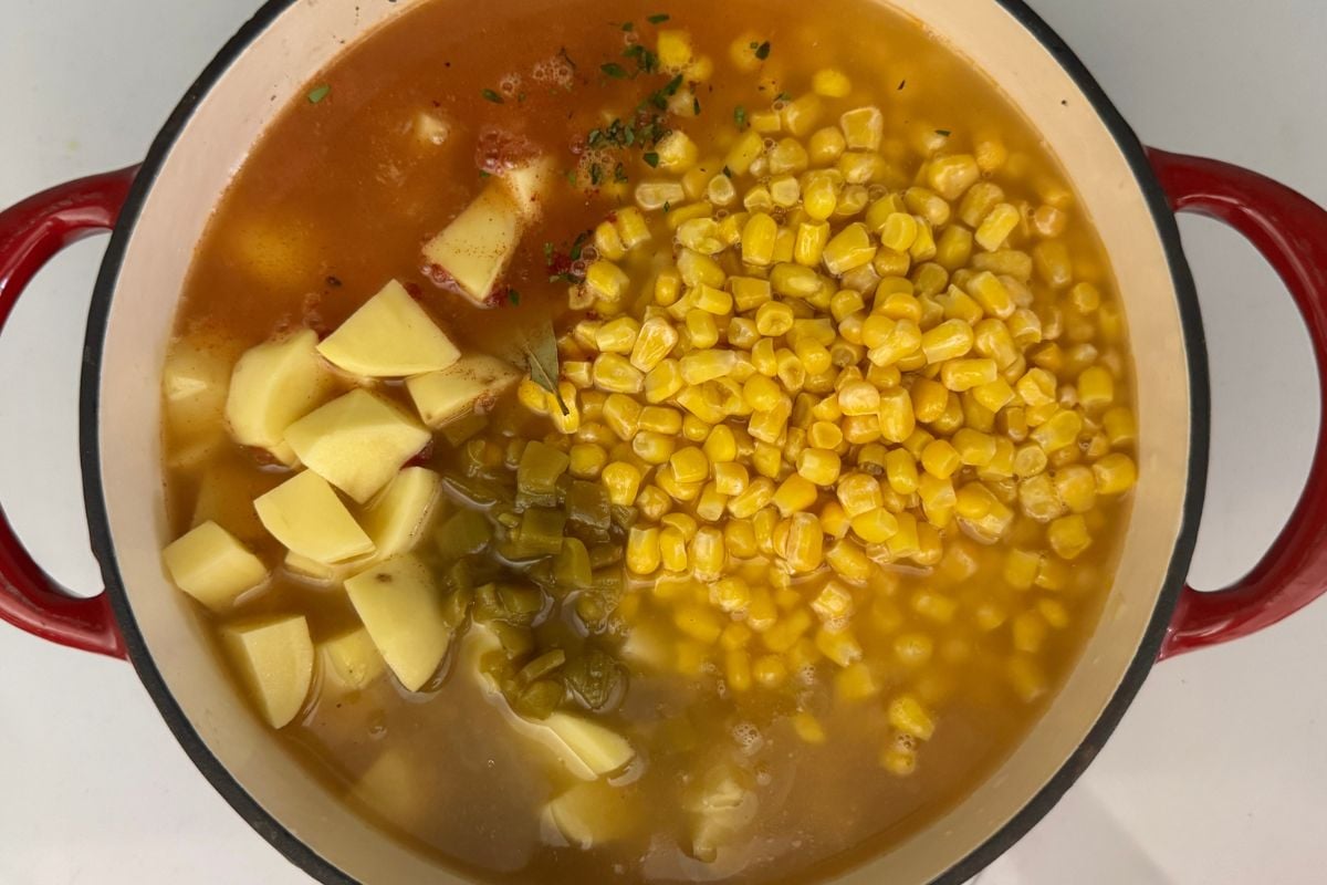 Corn and potatoes in Dutch oven for chowder | Healthy Foodie Girl Corn and potatoes in Dutch oven for chowder