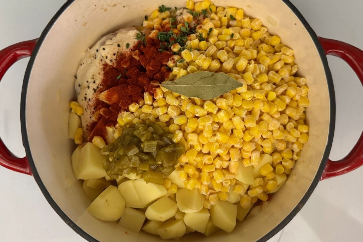 Ingredients for chicken corn chowder in Dutch oven | Healthy Foodie Girl Ingredients for chicken corn chowder in Dutch oven