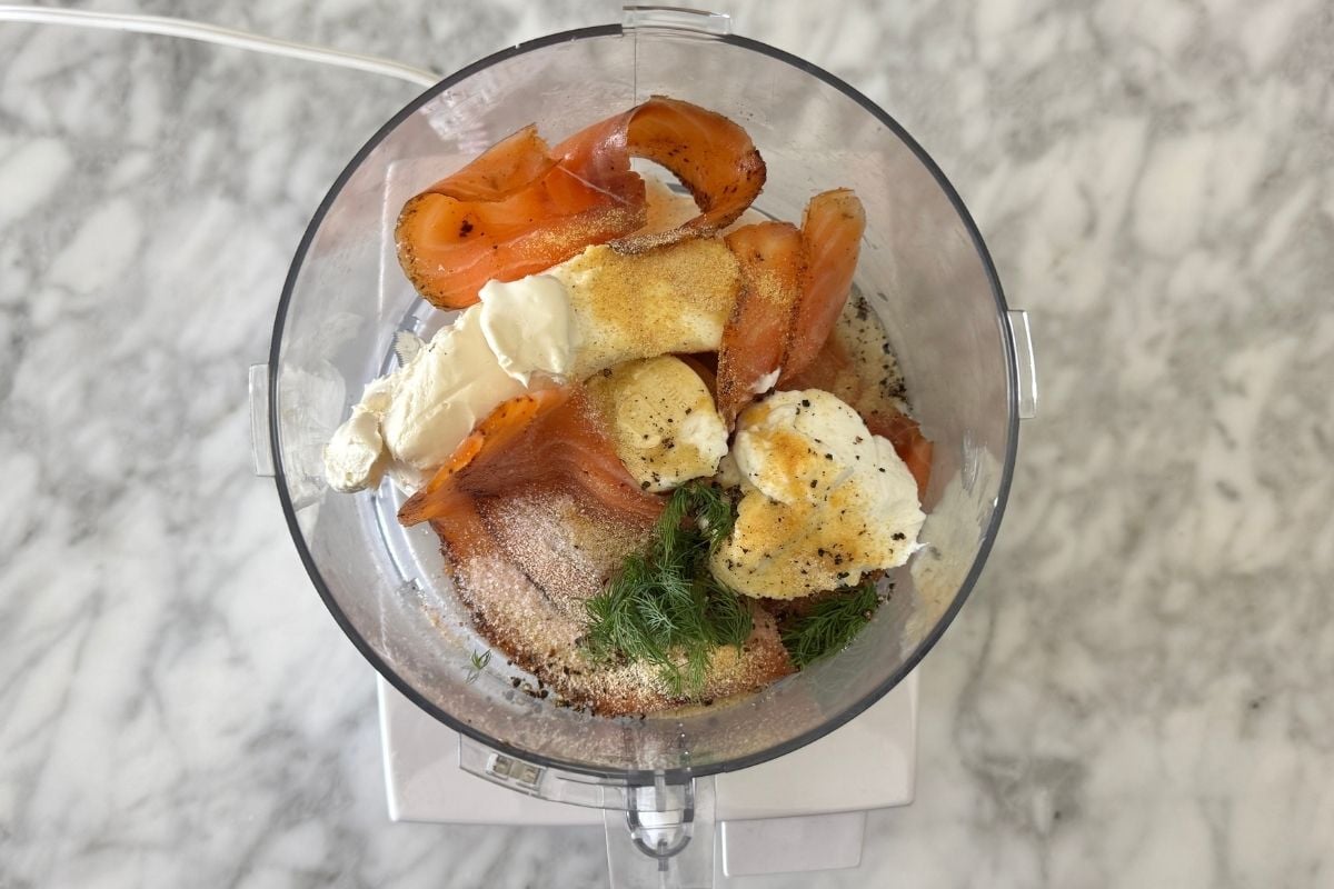 Smoked salmon dip ingredients in food processor | Healthy Foodie Girl Smoked salmon dip ingredients in food processor