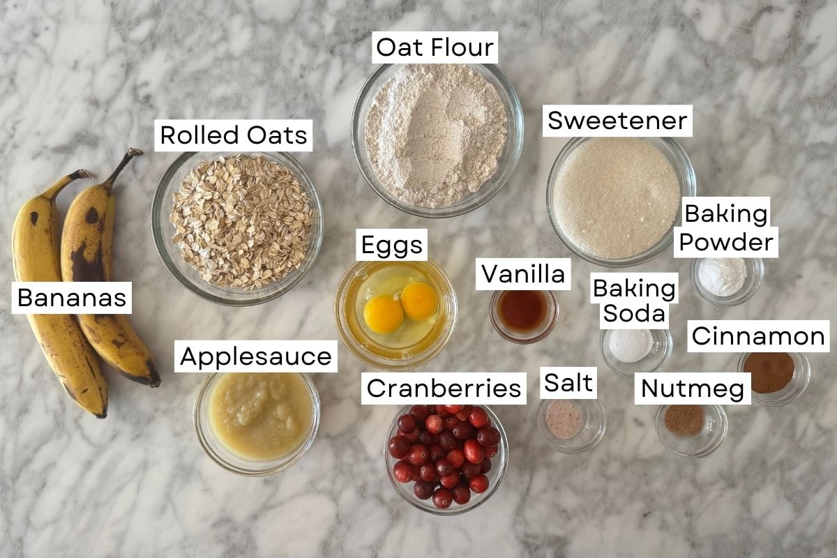 Ingredients needed for cranberry banana oat muffins
