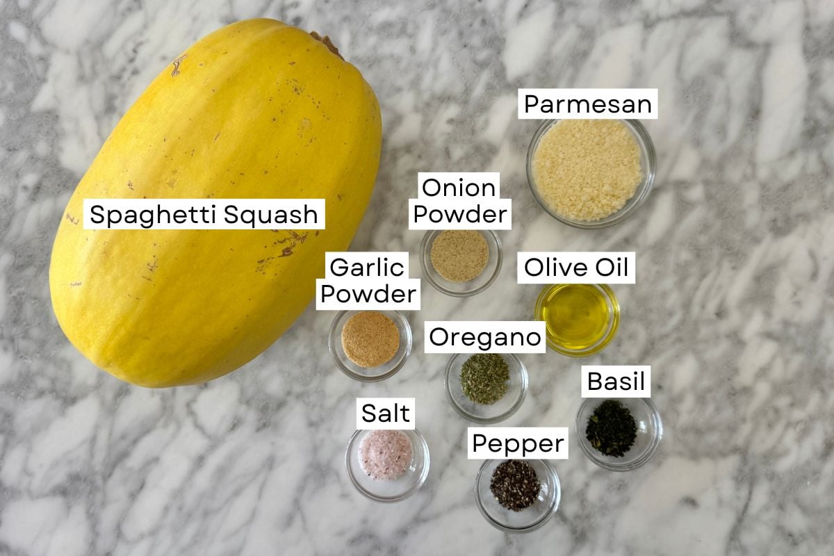Ingredients needed for garlic parmesan spaghetti squash recipe in bowls | Healthy Foodie Girl Ingredients needed for garlic parmesan spaghetti squash recipe in bowls