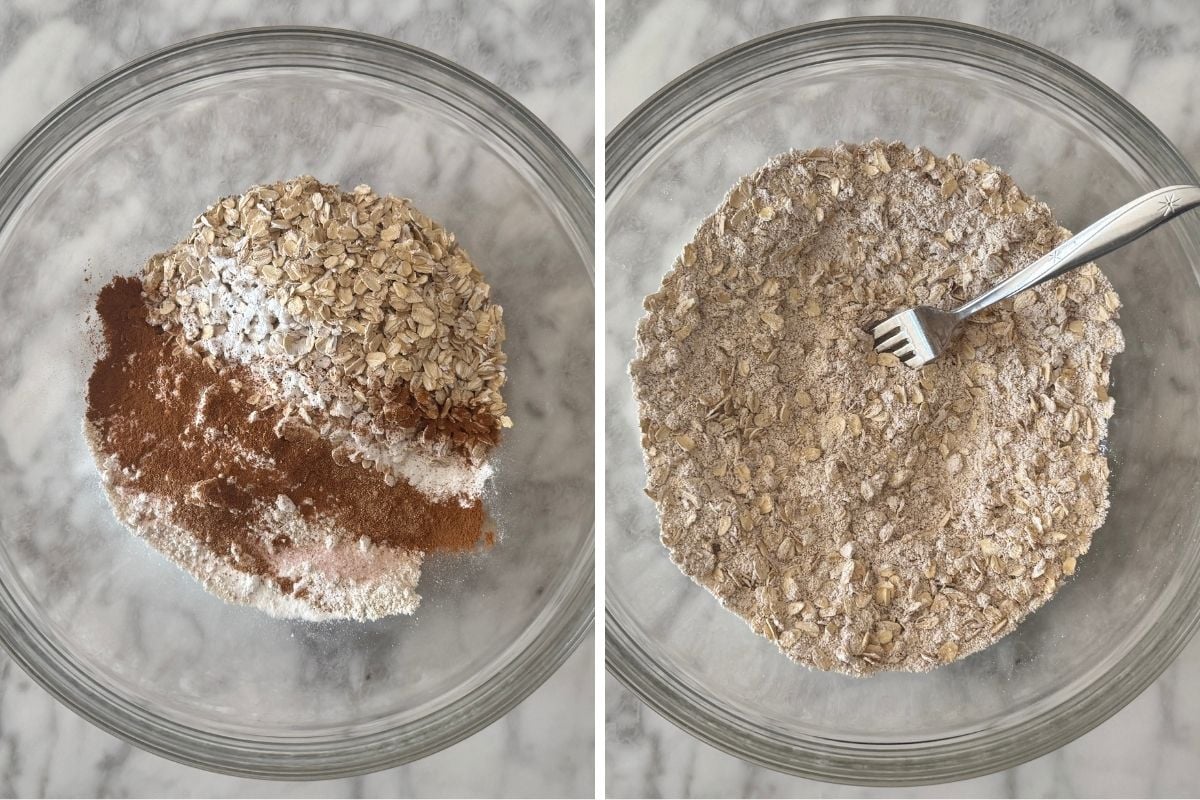 Oat flour and rolled oats mixed in a bowl