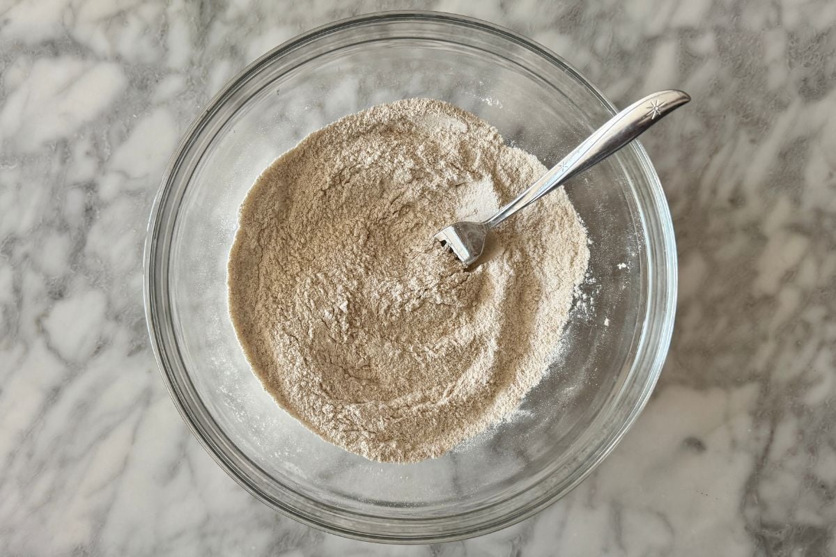 Sheet pan pancakes dry ingredients in bowl